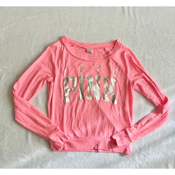 Victoria’s Secret pink neon pink long sleeve top with chrome decal size xs - Picture 1 of 5